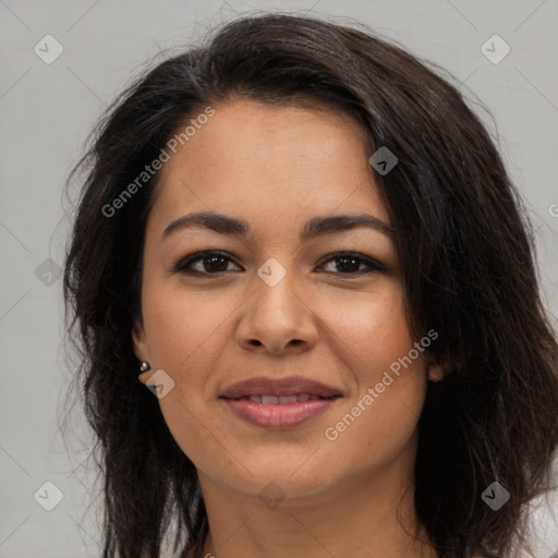 Joyful asian young-adult female with long  brown hair and brown eyes