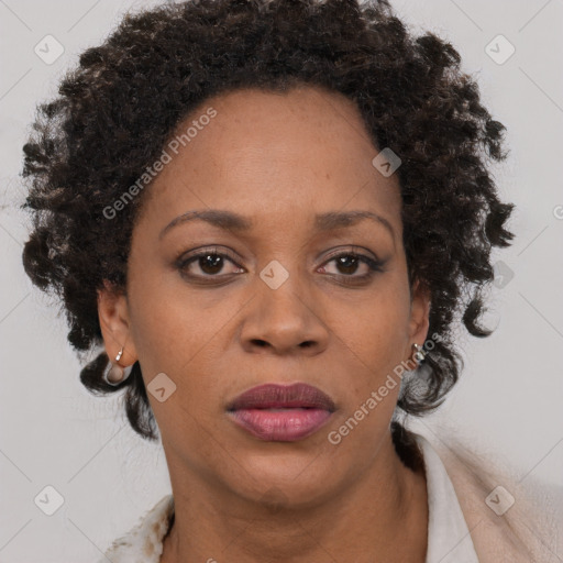 Joyful black adult female with short  brown hair and brown eyes