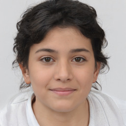 Joyful white child female with medium  brown hair and brown eyes