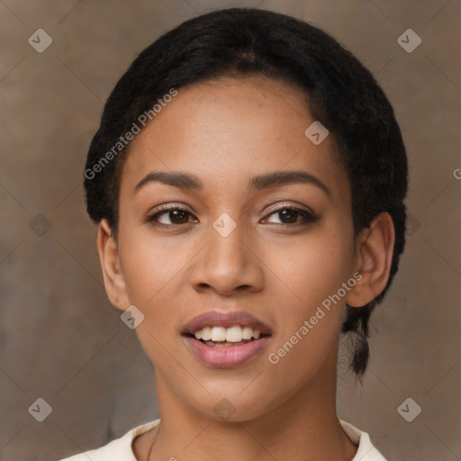 Joyful latino young-adult female with short  black hair and brown eyes