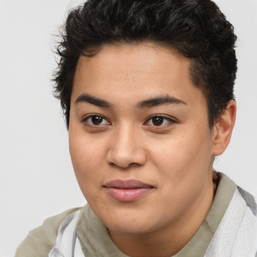 Joyful asian young-adult female with short  brown hair and brown eyes