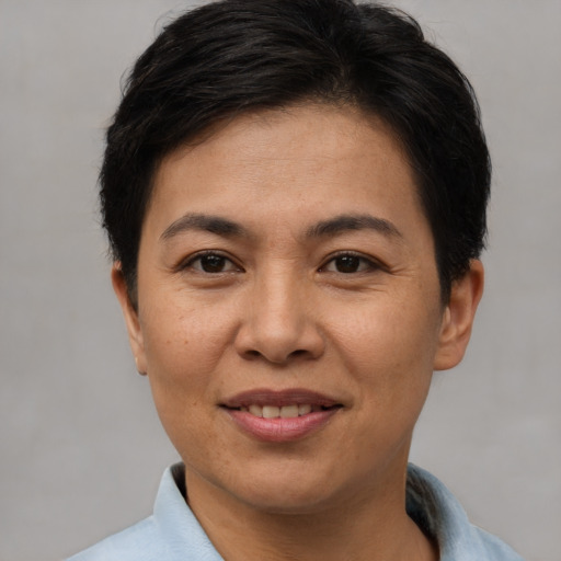 Joyful asian adult female with short  brown hair and brown eyes