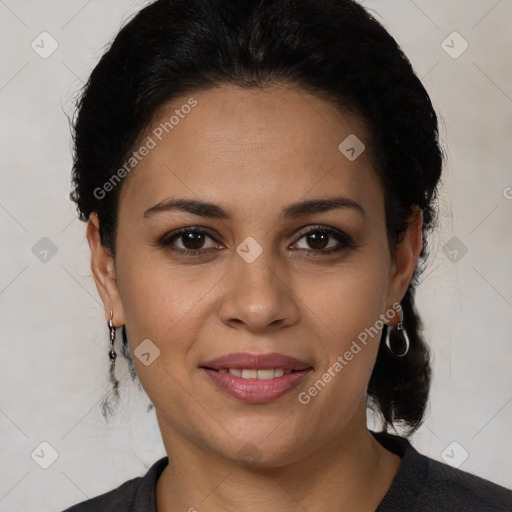 Joyful white young-adult female with medium  black hair and brown eyes