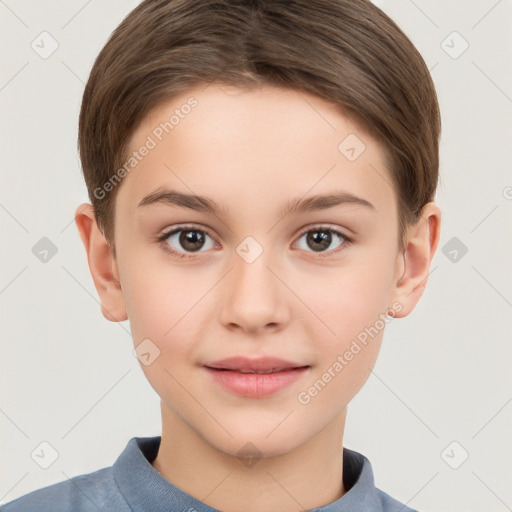 Joyful white child female with short  brown hair and brown eyes