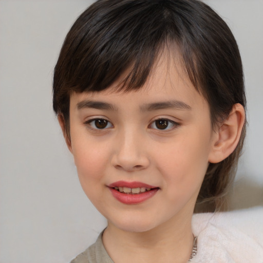 Joyful asian child female with medium  brown hair and brown eyes