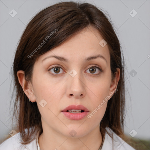 Neutral white young-adult female with medium  brown hair and brown eyes