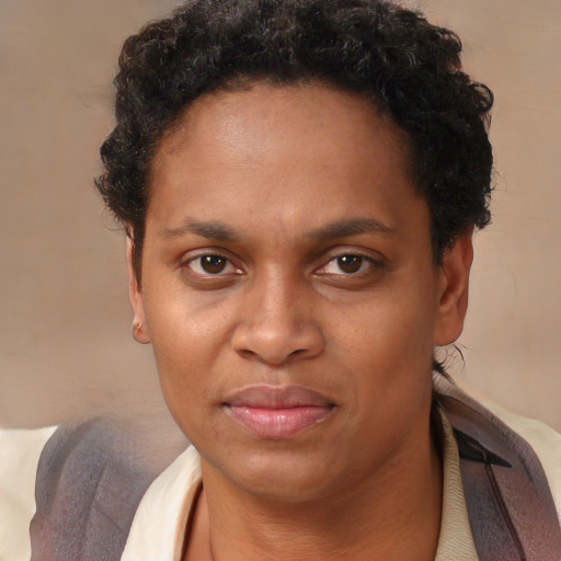 Neutral black adult female with short  brown hair and brown eyes