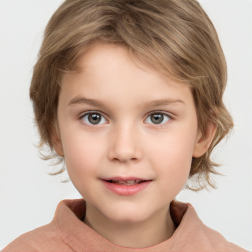 Joyful white child female with medium  brown hair and blue eyes