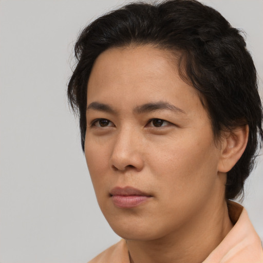 Neutral asian adult female with short  brown hair and brown eyes