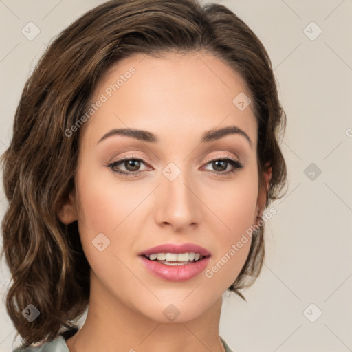 Joyful white young-adult female with medium  brown hair and green eyes