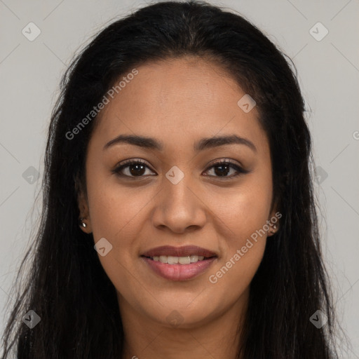 Joyful latino young-adult female with long  brown hair and brown eyes