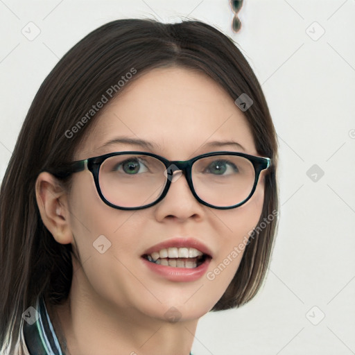 Joyful white young-adult female with long  brown hair and blue eyes