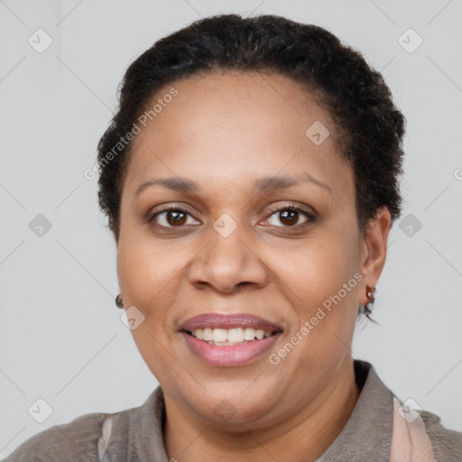 Joyful white adult female with short  brown hair and brown eyes