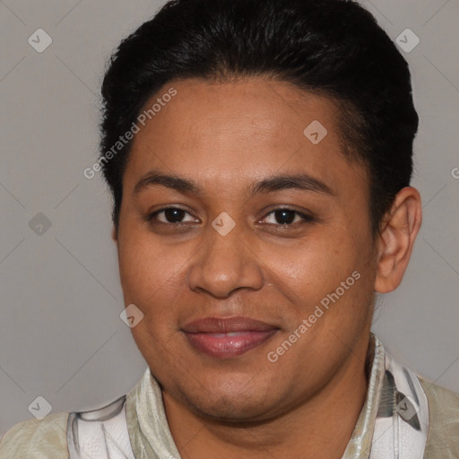 Joyful latino young-adult female with short  brown hair and brown eyes