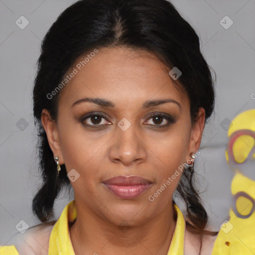 Joyful latino young-adult female with medium  brown hair and brown eyes