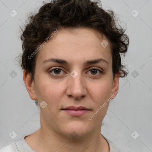 Neutral white young-adult female with short  brown hair and brown eyes