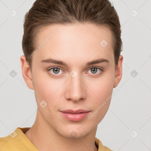 Neutral white young-adult male with short  brown hair and grey eyes