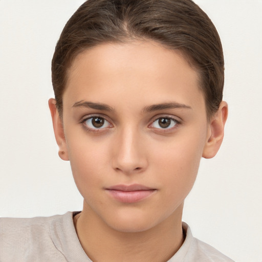 Neutral white young-adult female with short  brown hair and brown eyes