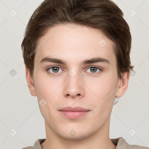 Neutral white young-adult male with short  brown hair and grey eyes