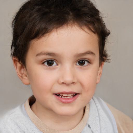 Joyful white child female with short  brown hair and brown eyes