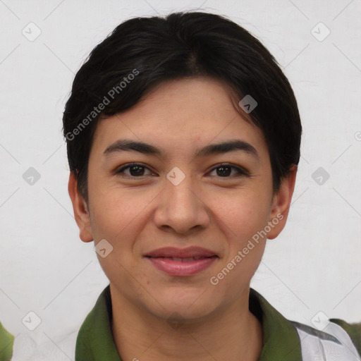 Joyful asian young-adult female with short  black hair and brown eyes