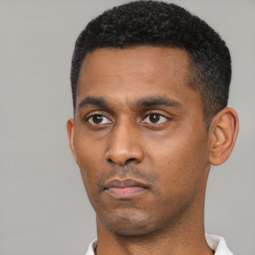 Neutral black young-adult male with short  black hair and brown eyes