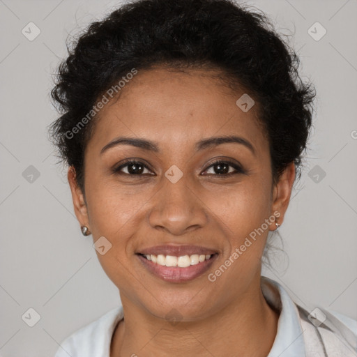 Joyful latino young-adult female with short  brown hair and brown eyes