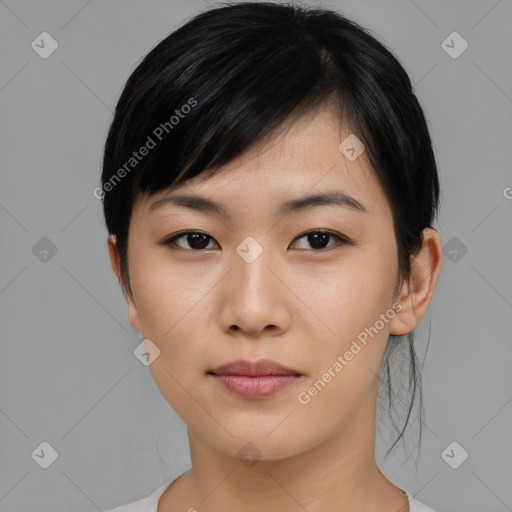 Neutral asian young-adult female with medium  black hair and brown eyes