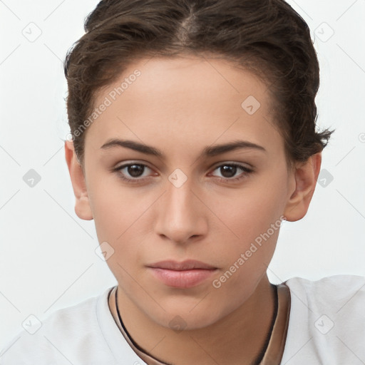 Neutral white young-adult female with short  brown hair and brown eyes