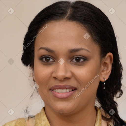 Joyful latino young-adult female with medium  brown hair and brown eyes