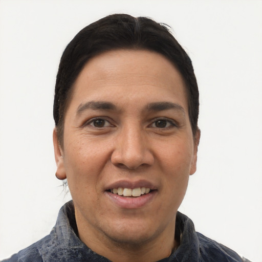 Joyful asian young-adult female with short  black hair and brown eyes