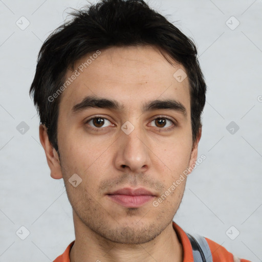 Neutral white young-adult male with short  brown hair and brown eyes