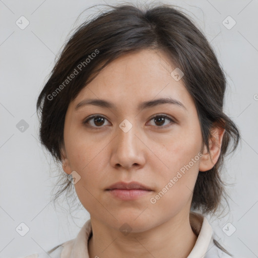 Neutral white young-adult female with medium  brown hair and brown eyes