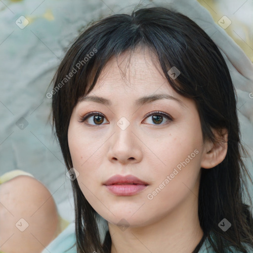 Neutral white young-adult female with medium  brown hair and brown eyes