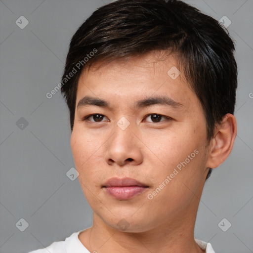 Neutral asian young-adult male with short  brown hair and brown eyes