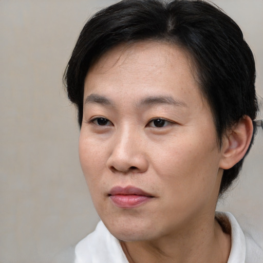 Neutral asian young-adult female with short  black hair and brown eyes