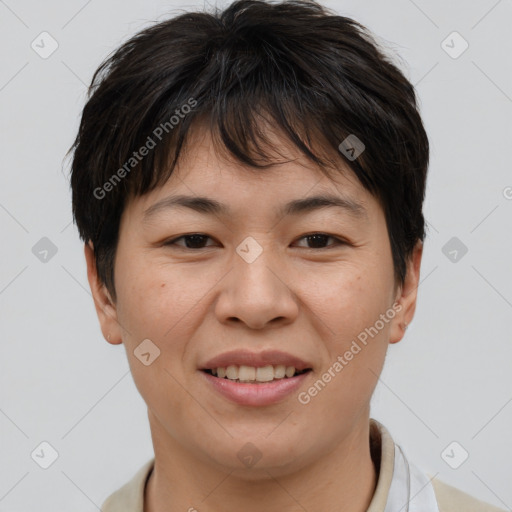 Joyful asian young-adult female with short  brown hair and brown eyes