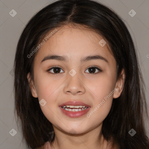 Joyful white child female with medium  brown hair and brown eyes