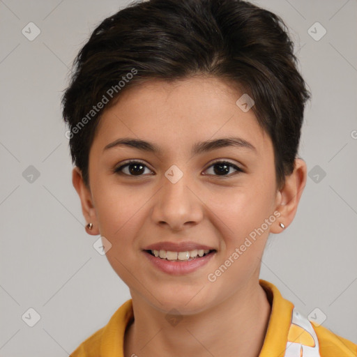 Joyful white child female with short  brown hair and brown eyes