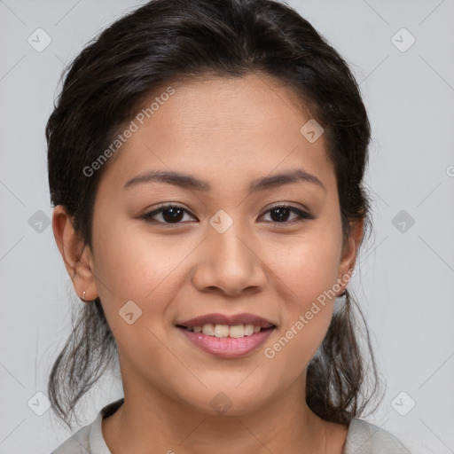 Joyful white young-adult female with medium  brown hair and brown eyes