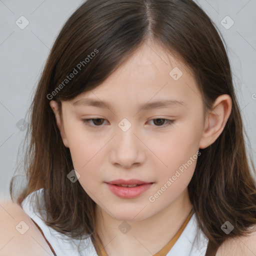 Joyful white child female with medium  brown hair and brown eyes