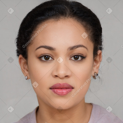 Joyful latino young-adult female with short  brown hair and brown eyes