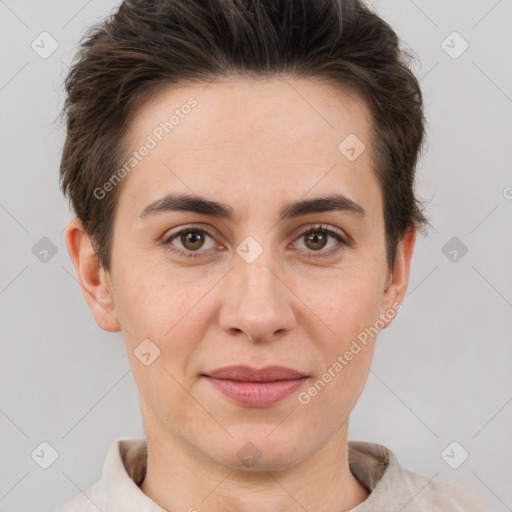 Joyful white adult female with short  brown hair and brown eyes