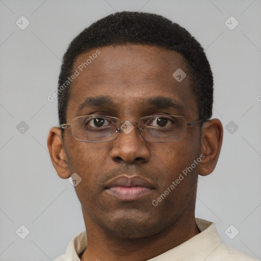 Neutral black young-adult male with short  black hair and brown eyes
