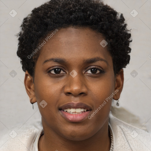 Joyful black young-adult female with short  brown hair and brown eyes