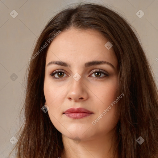 Neutral white young-adult female with long  brown hair and brown eyes