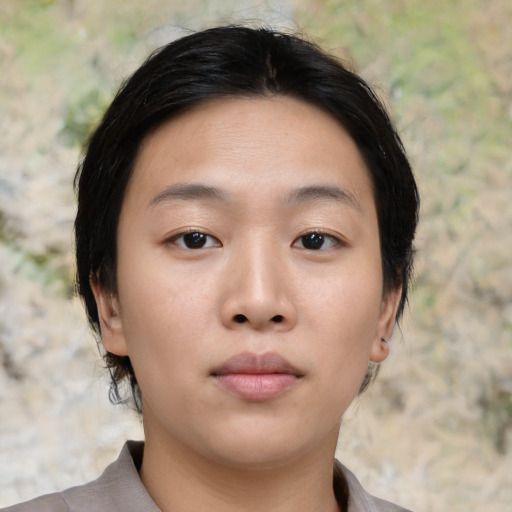 Neutral asian young-adult female with medium  black hair and brown eyes