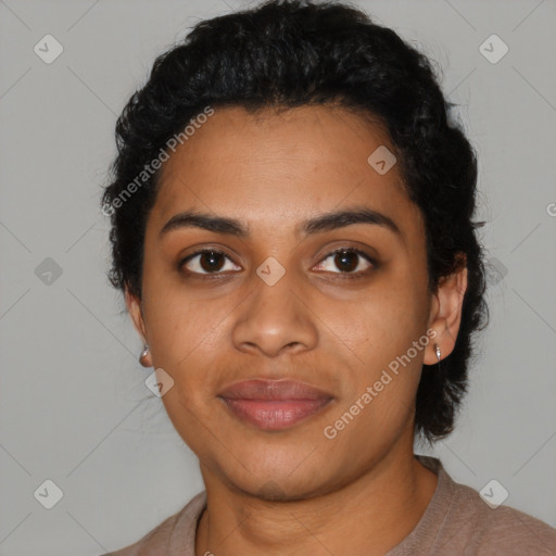 Joyful latino young-adult female with short  black hair and brown eyes