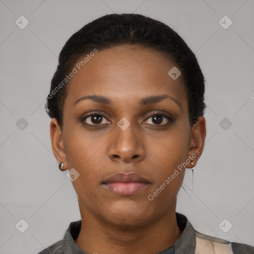 Neutral black young-adult female with short  black hair and brown eyes