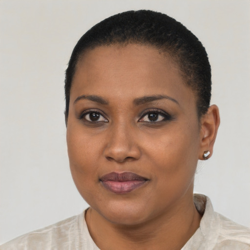 Joyful black young-adult female with short  black hair and brown eyes